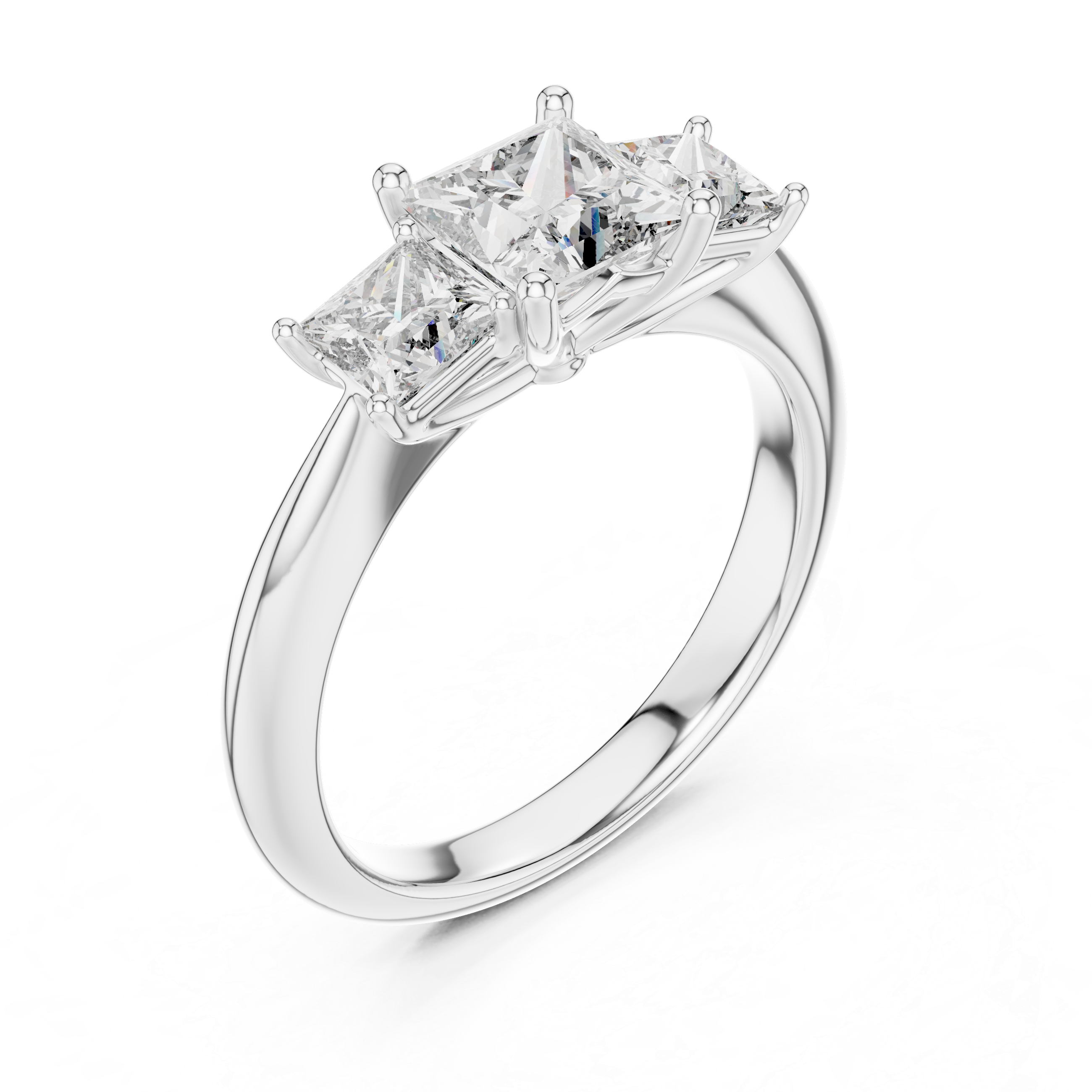 Diamond ring with three princess-cut diamonds on a white background